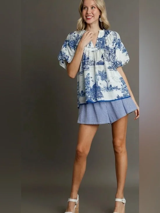 Umgee Blue & White Toile Landscape Scenic Print Peasant Blouse Size M - Picture 9 of 10